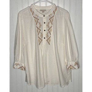 Knox Rose Embroidered Button Front Tunic Cream White Bishop 3/4 Sleeve Top-XXL